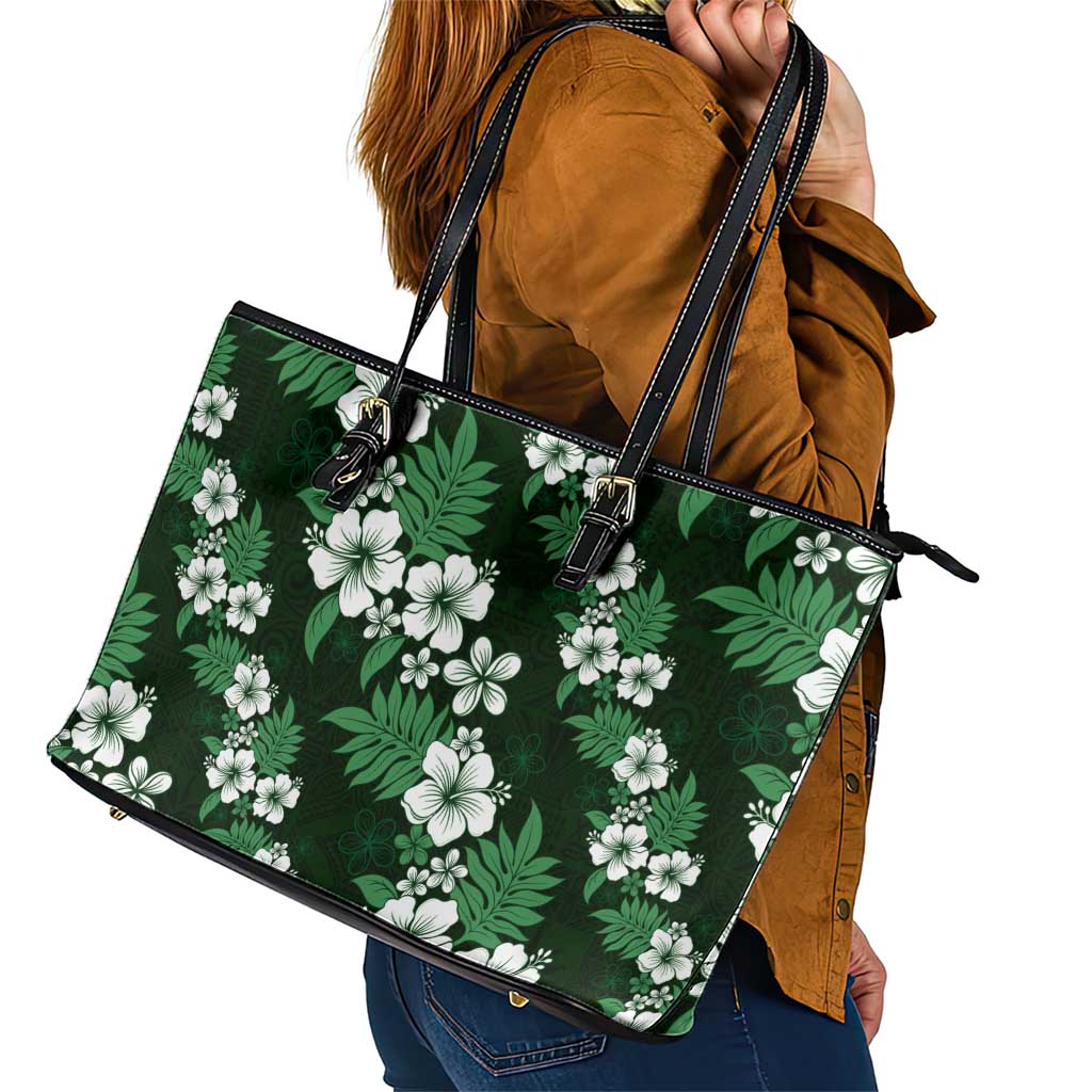 Hawaiian Hibiscus Tribal Floral Green Leather Tote Bag Polynesian Tapa Pattern - Polynesian Pride