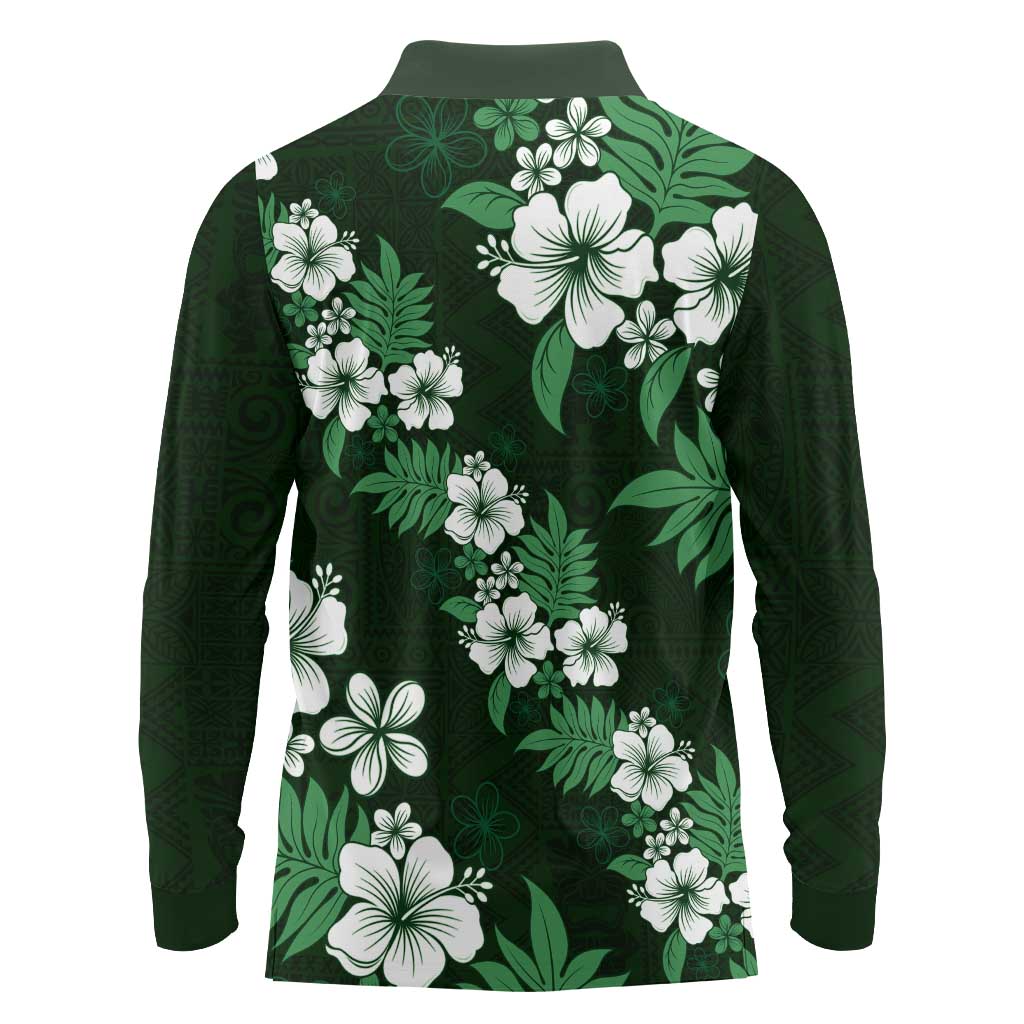 Hawaiian Hibiscus Tribal Floral Green Long Sleeve Polo Shirt Polynesian Tapa Pattern LT01 - Polynesian Pride
