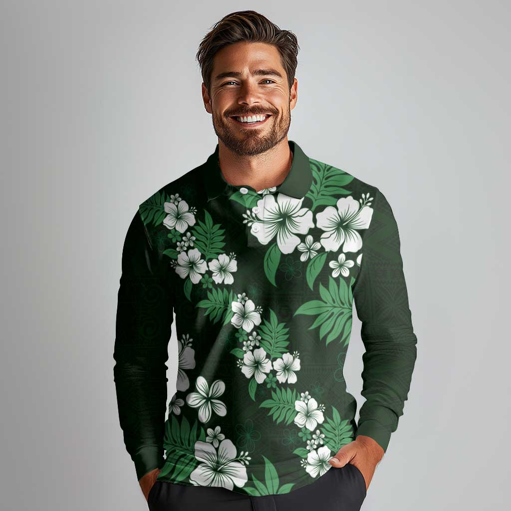 Hawaiian Hibiscus Tribal Floral Green Long Sleeve Polo Shirt Polynesian Tapa Pattern LT01 - Polynesian Pride