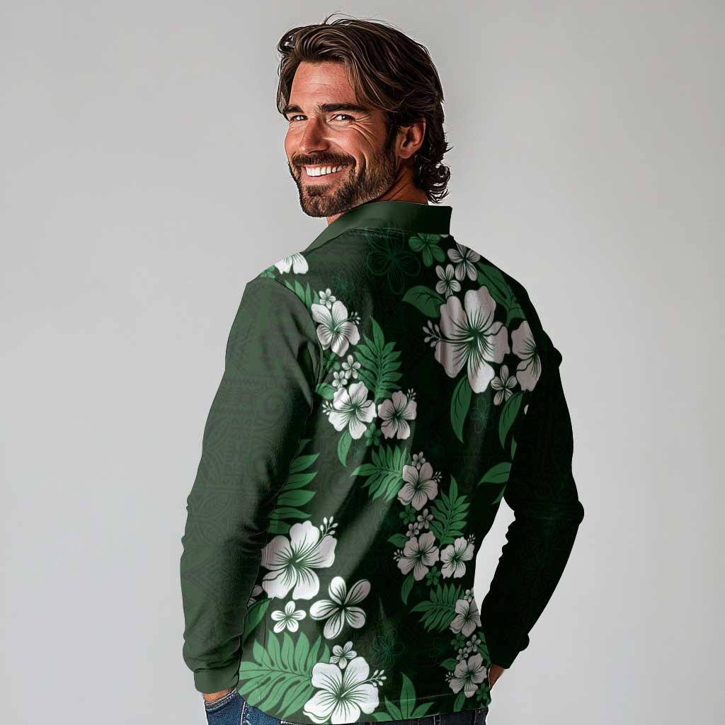 Hawaiian Hibiscus Tribal Floral Green Long Sleeve Polo Shirt Polynesian Tapa Pattern LT01 - Polynesian Pride