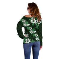 Hawaiian Hibiscus Tribal Floral Green Off Shoulder Sweater Polynesian Tapa Pattern - Polynesian Pride
