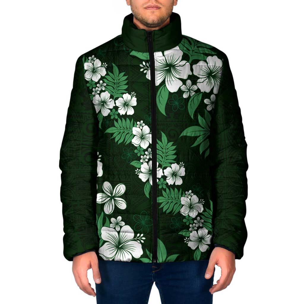 Hawaiian Hibiscus Tribal Floral Green Padded Jacket Polynesian Tapa Pattern - Polynesian Pride