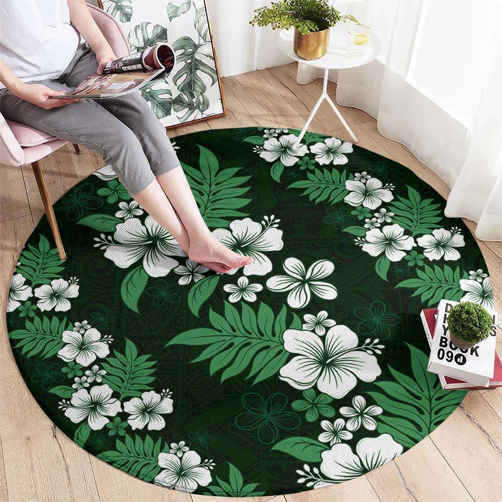 Hawaiian Hibiscus Tribal Floral Green Round Carpet Polynesian Tapa Pattern - Polynesian Pride