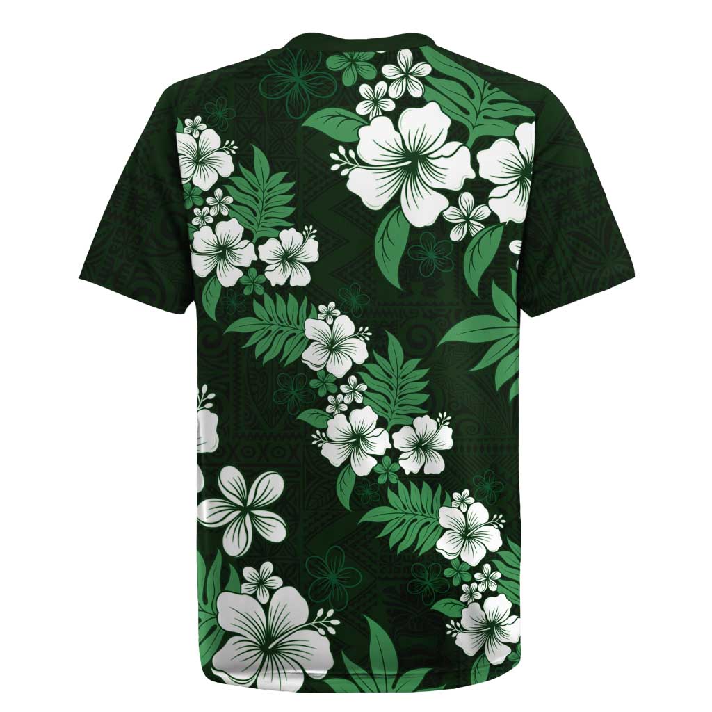 Hawaiian Hibiscus Tribal Floral Green Rugby Jersey Polynesian Tapa Pattern LT01 - Polynesian Pride