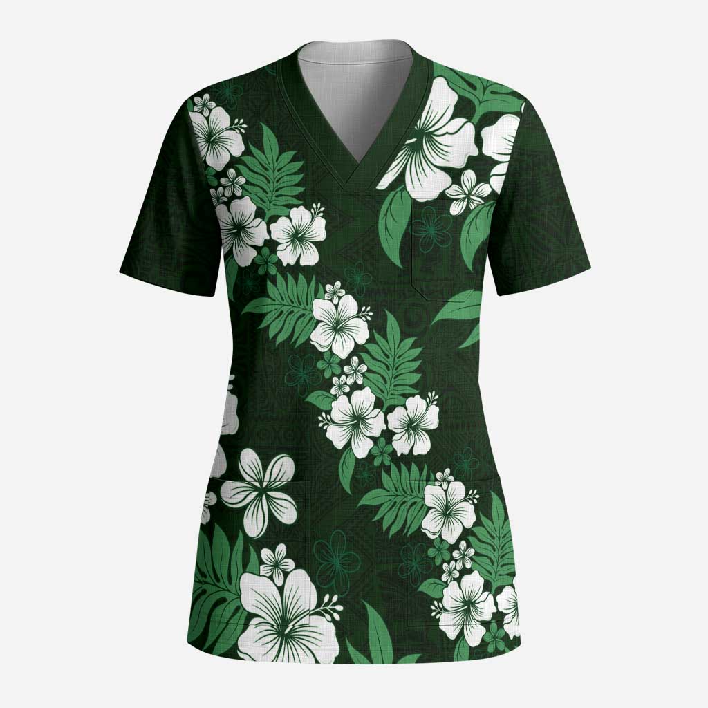 Hawaiian Hibiscus Tribal Floral Green Scrub Top Polynesian Tapa Pattern - Polynesian Pride