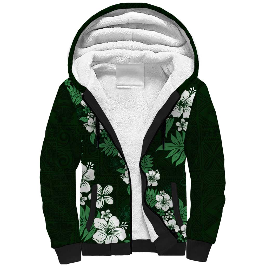 Hawaiian Hibiscus Tribal Floral Green Sherpa Hoodie Polynesian Tapa Pattern LT01 Unisex Green - Polynesian Pride