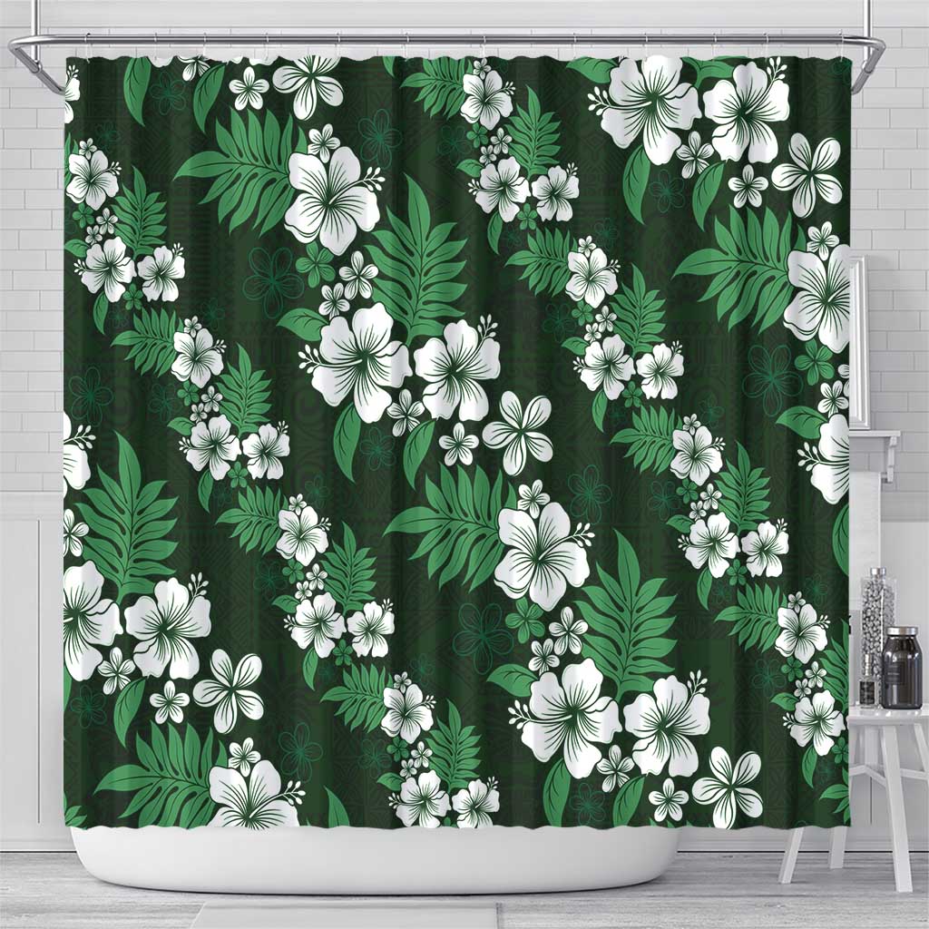 Hawaiian Hibiscus Tribal Floral Green Shower Curtain Polynesian Tapa Pattern - Polynesian Pride