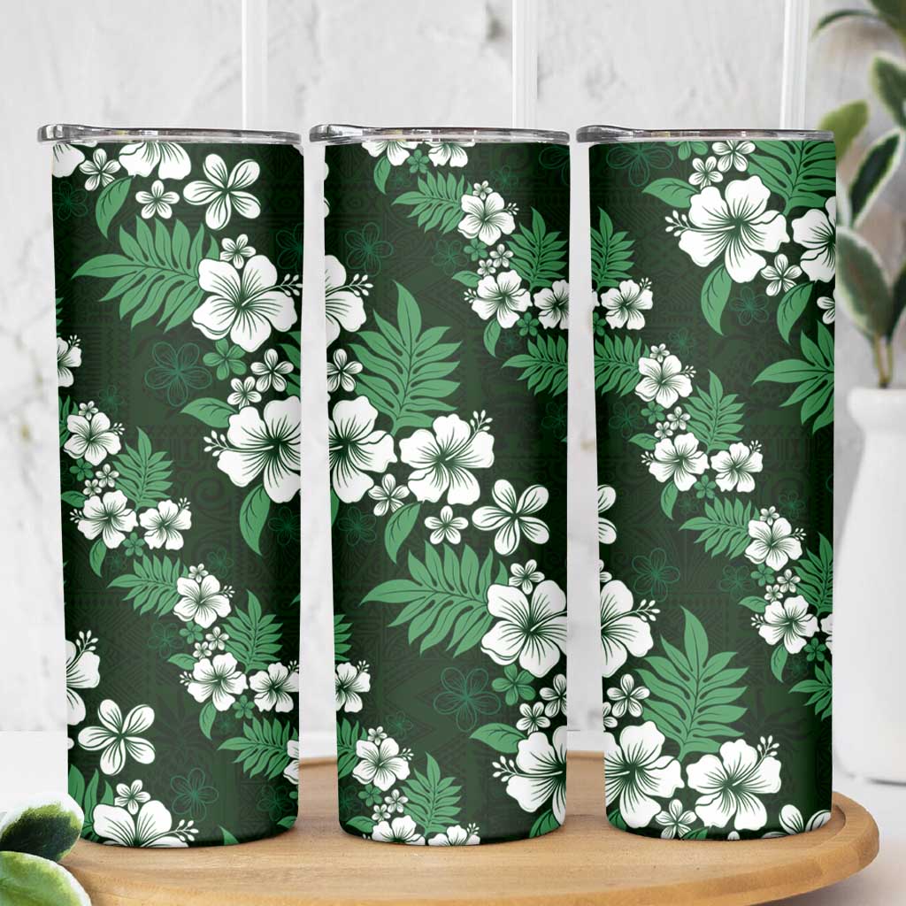 Hawaiian Hibiscus Tribal Floral Green Skinny Tumbler Polynesian Tapa Pattern - Polynesian Pride