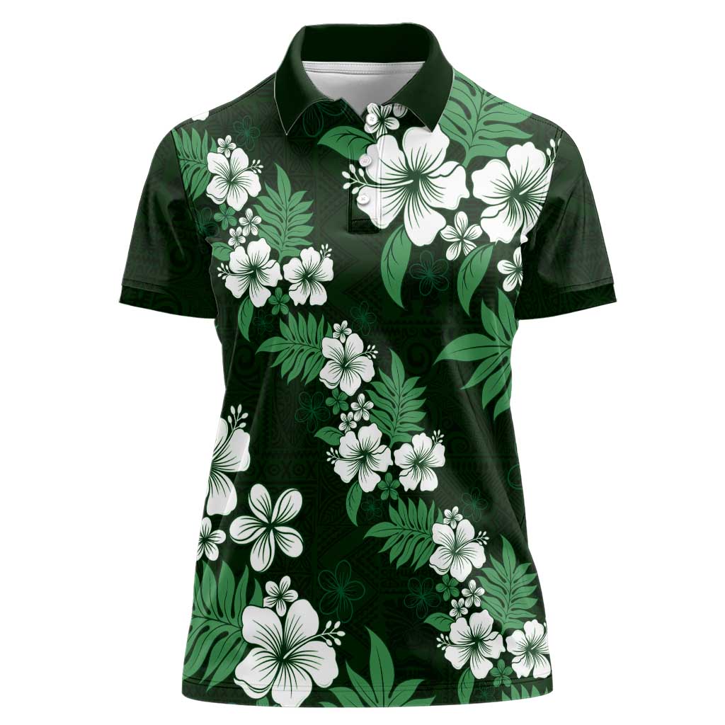 Hawaiian Hibiscus Tribal Floral Green Women Polo Shirt Polynesian Tapa Pattern - Polynesian Pride