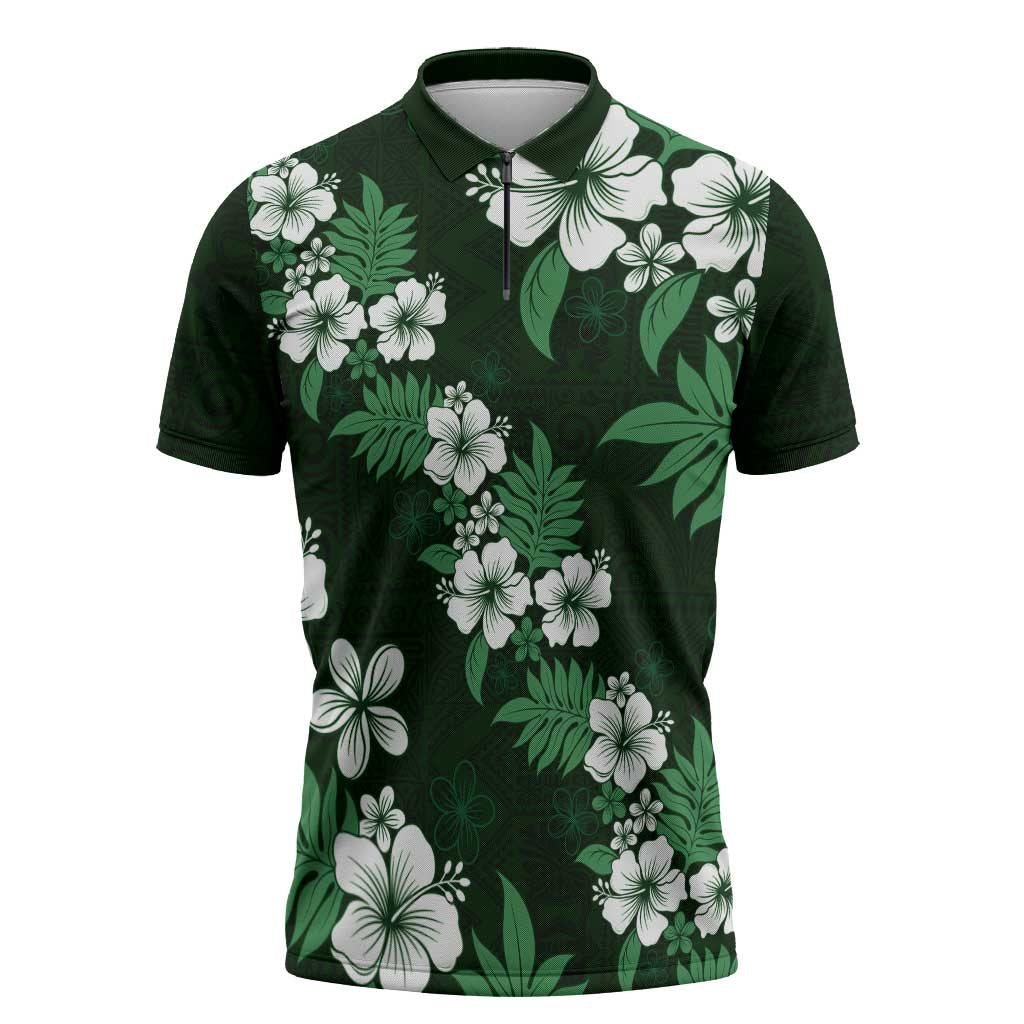 Hawaiian Hibiscus Tribal Floral Green Zipper Polo Shirt Polynesian Tapa Pattern - Polynesian Pride