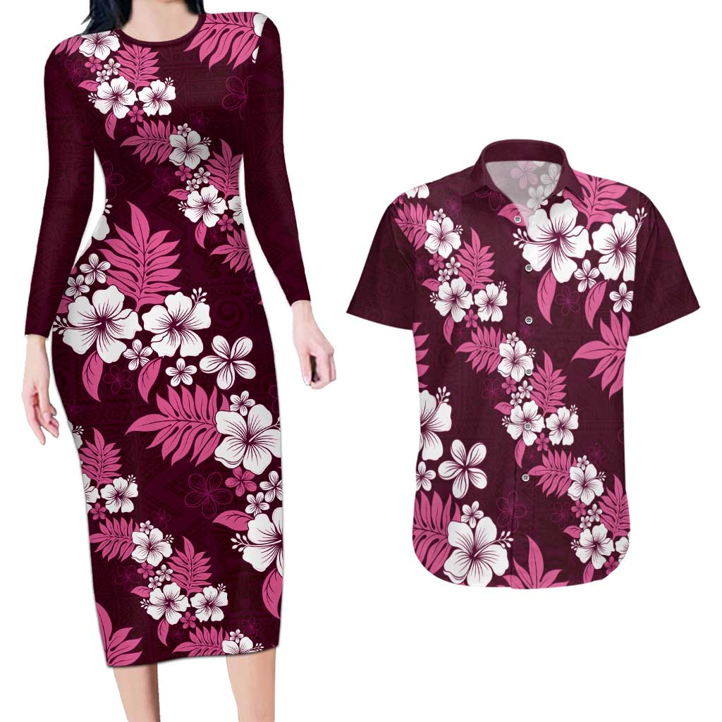 Hawaiian Hibiscus Tribal Floral Pink Couples Matching Long Sleeve Bodycon Dress and Hawaiian Shirt Polynesian Tapa Pattern - Polynesian Pride