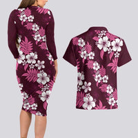 Hawaiian Hibiscus Tribal Floral Pink Couples Matching Long Sleeve Bodycon Dress and Hawaiian Shirt Polynesian Tapa Pattern - Polynesian Pride