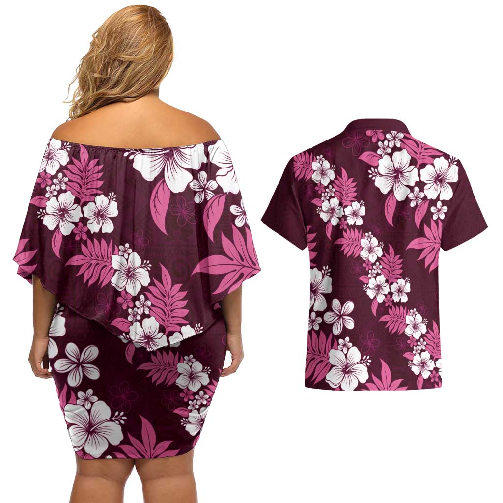 Hawaiian Hibiscus Tribal Floral Pink Couples Matching Off Shoulder Short Dress and Hawaiian Shirt Polynesian Tapa Pattern - Polynesian Pride