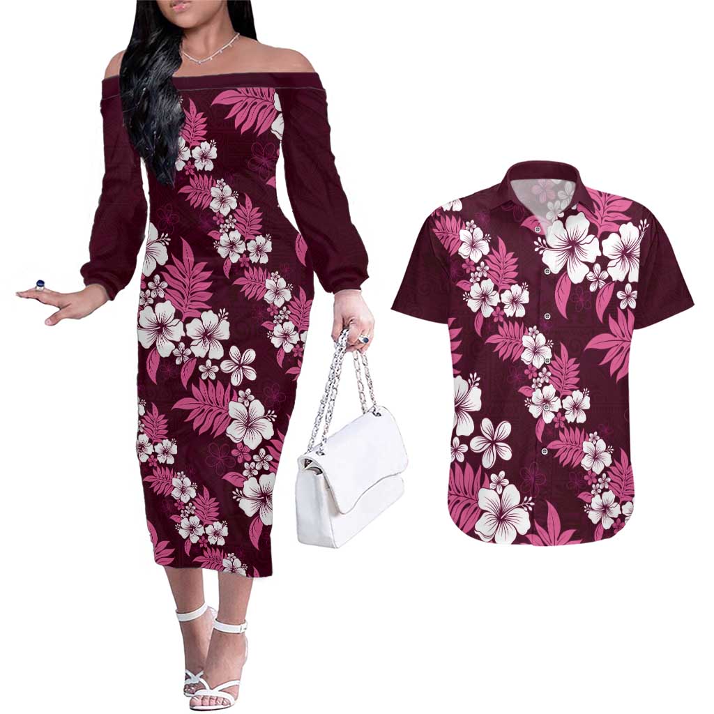 Hawaiian Hibiscus Tribal Floral Pink Couples Matching Off The Shoulder Long Sleeve Dress and Hawaiian Shirt Polynesian Tapa Pattern - Polynesian Pride