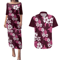 Hawaiian Hibiscus Tribal Floral Pink Couples Matching Puletasi and Hawaiian Shirt Polynesian Tapa Pattern - Polynesian Pride