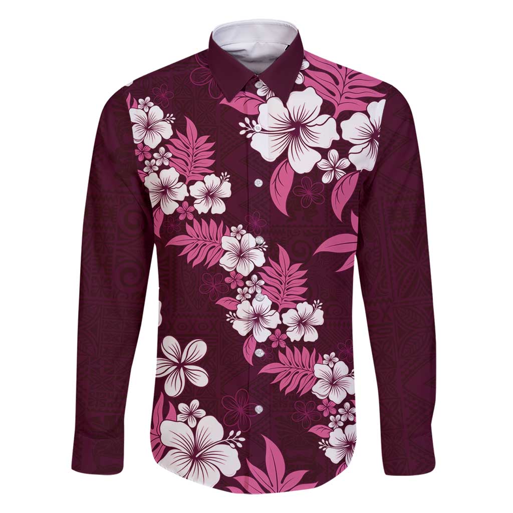 Hawaiian Hibiscus Tribal Floral Pink Family Matching Long Sleeve Bodycon Dress and Hawaiian Shirt Polynesian Tapa Pattern LT01 Dad's Shirt - Long Sleeve Pink - Polynesian Pride
