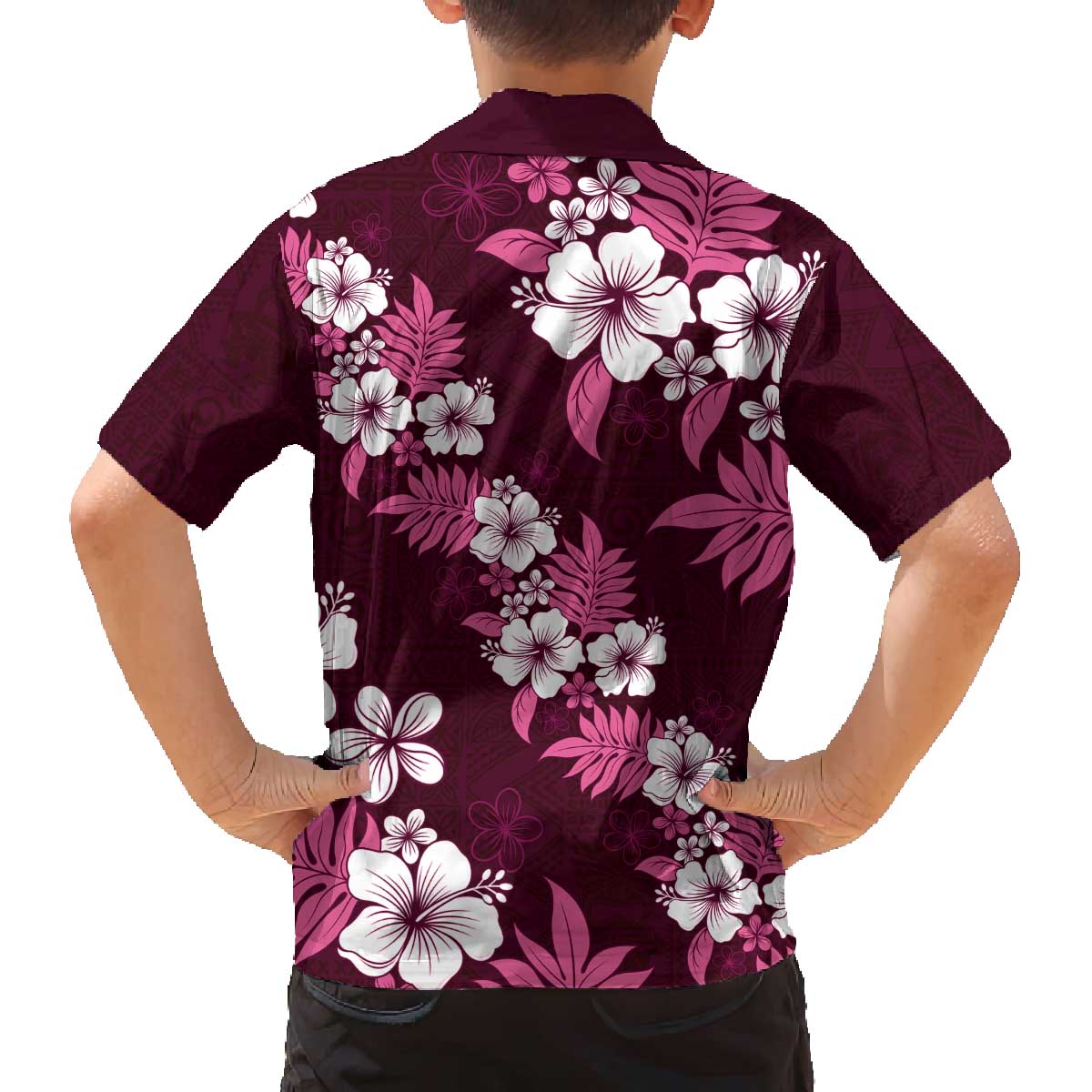 Hawaiian Hibiscus Tribal Floral Pink Family Matching Off The Shoulder Long Sleeve Dress and Hawaiian Shirt Polynesian Tapa Pattern LT01 - Polynesian Pride