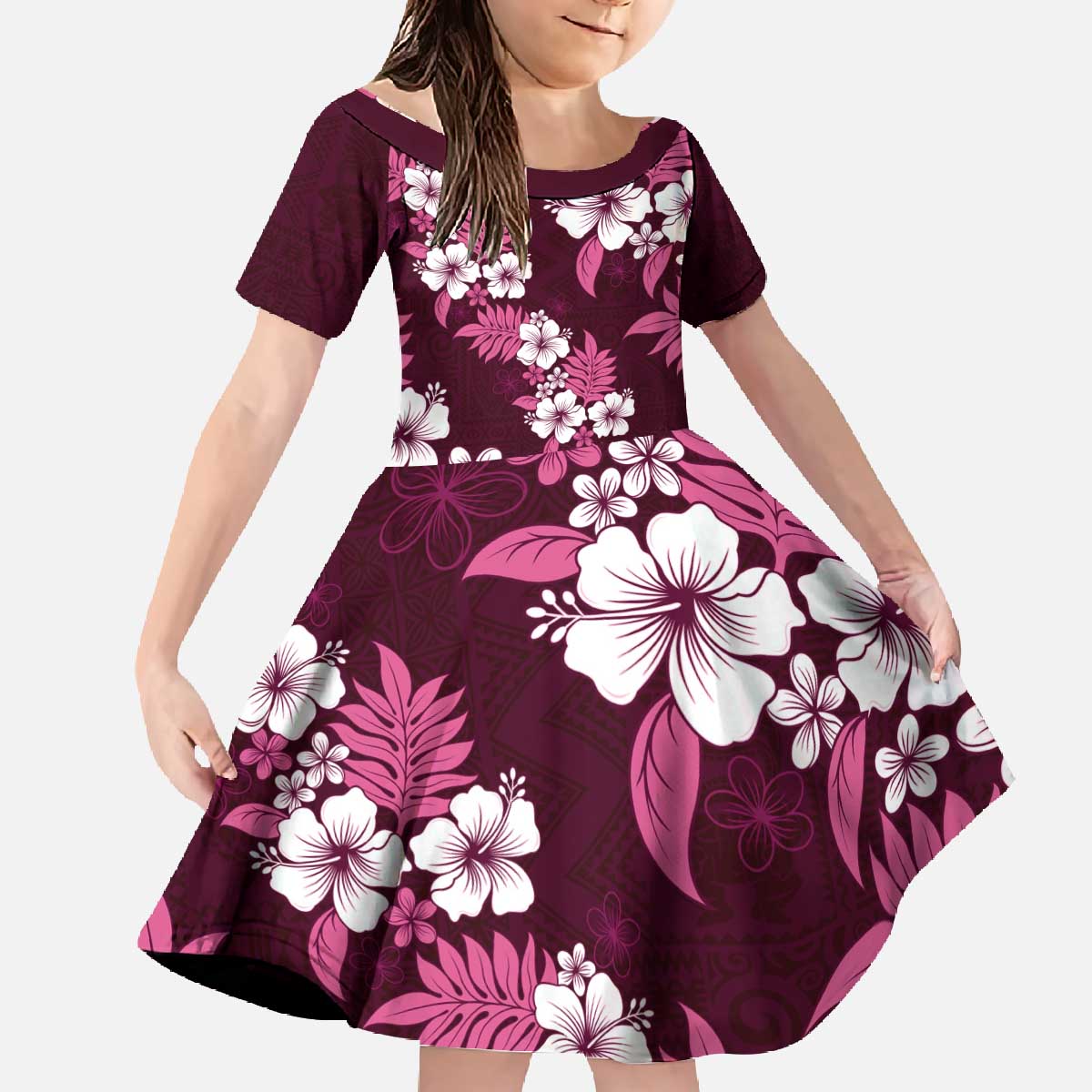 Hawaiian Hibiscus Tribal Floral Pink Family Matching Off The Shoulder Long Sleeve Dress and Hawaiian Shirt Polynesian Tapa Pattern LT01 Daughter's Dress Pink - Polynesian Pride