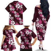 Hawaiian Hibiscus Tribal Floral Pink Family Matching Off The Shoulder Long Sleeve Dress and Hawaiian Shirt Polynesian Tapa Pattern LT01 - Polynesian Pride