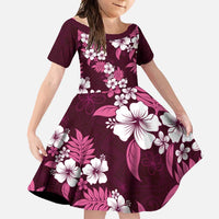 Hawaiian Hibiscus Tribal Floral Pink Family Matching Off Shoulder Maxi Dress and Hawaiian Shirt Polynesian Tapa Pattern LT01 Daughter's Dress Pink - Polynesian Pride