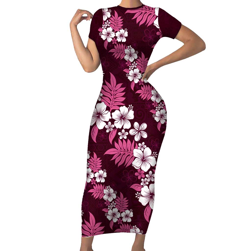 Hawaiian Hibiscus Tribal Floral Pink Family Matching Short Sleeve Bodycon Dress and Hawaiian Shirt Polynesian Tapa Pattern LT01 Mom's Dress Pink - Polynesian Pride
