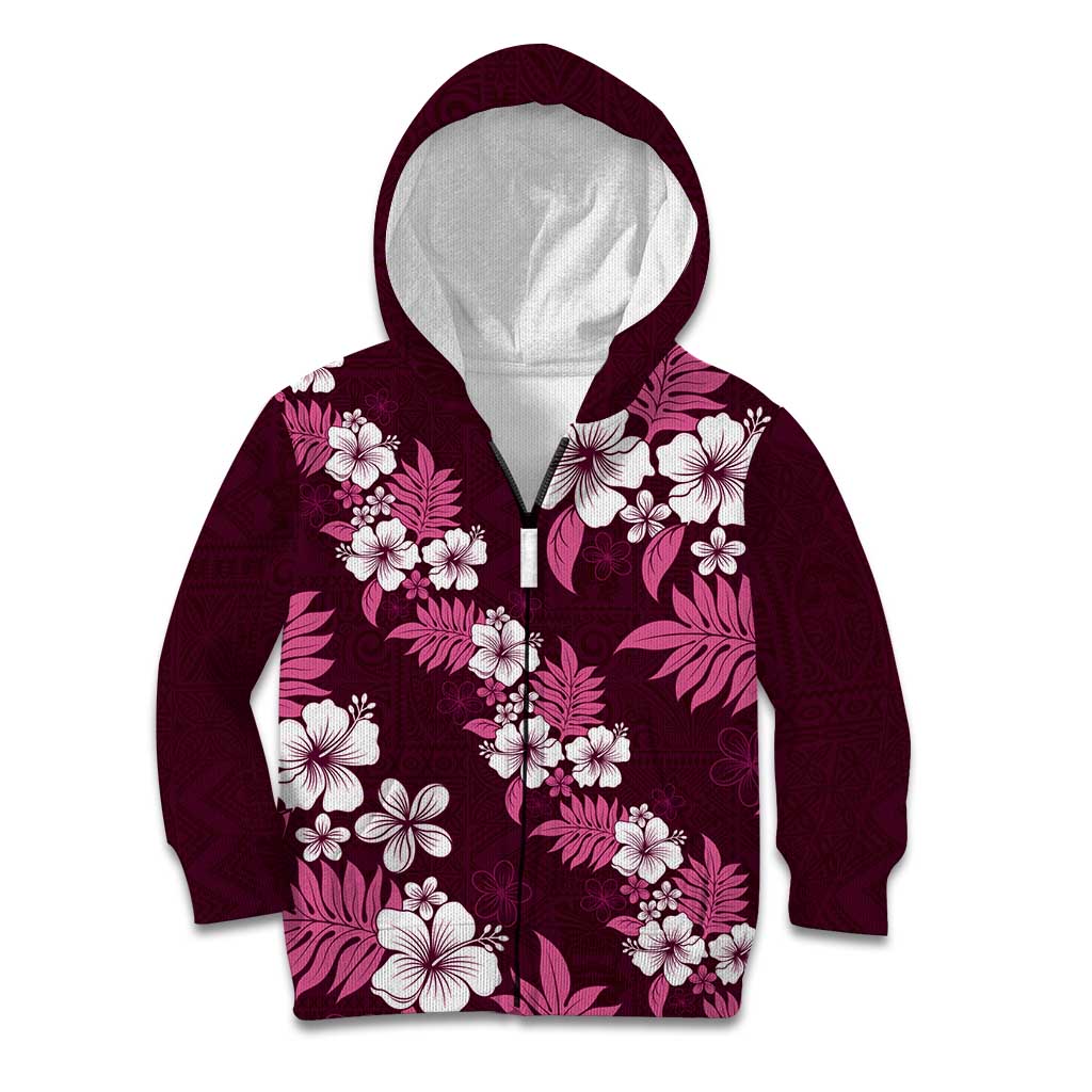 Hawaiian Hibiscus Tribal Floral Pink Kid Hoodie Polynesian Tapa Pattern - Polynesian Pride