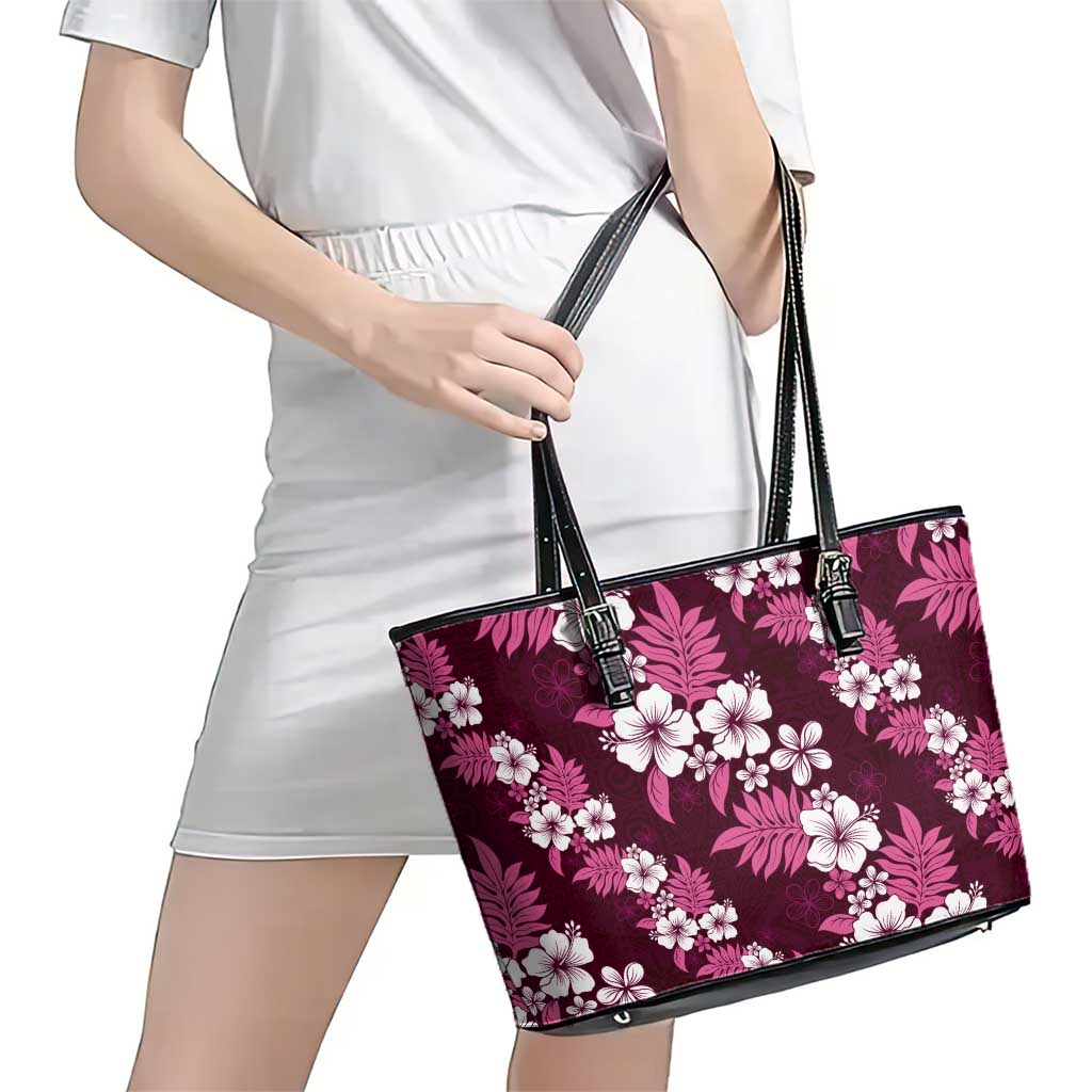 Hawaiian Hibiscus Tribal Floral Pink Leather Tote Bag Polynesian Tapa Pattern - Polynesian Pride