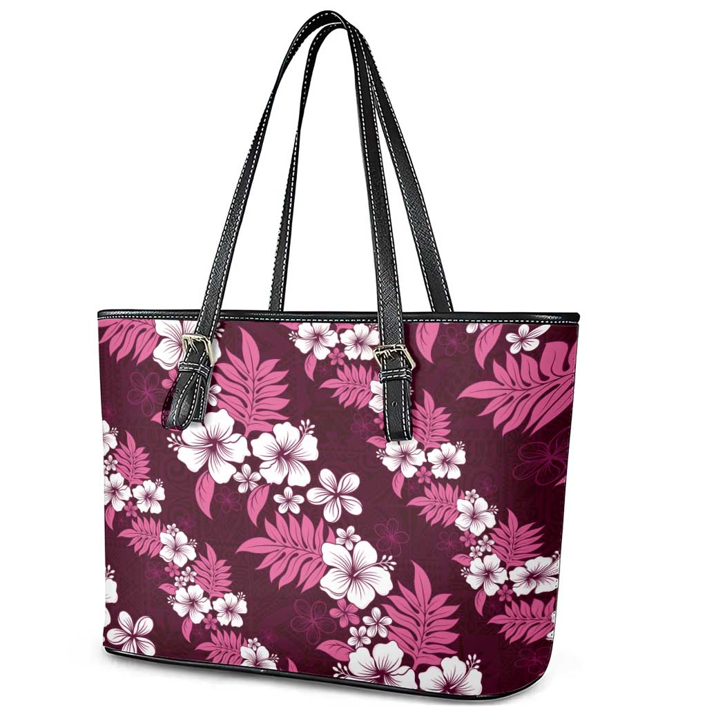 Hawaiian Hibiscus Tribal Floral Pink Leather Tote Bag Polynesian Tapa Pattern - Polynesian Pride