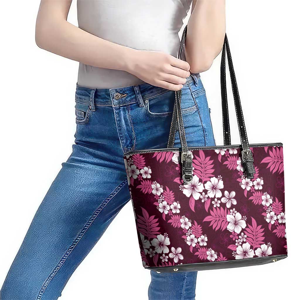 Hawaiian Hibiscus Tribal Floral Pink Leather Tote Bag Polynesian Tapa Pattern - Polynesian Pride
