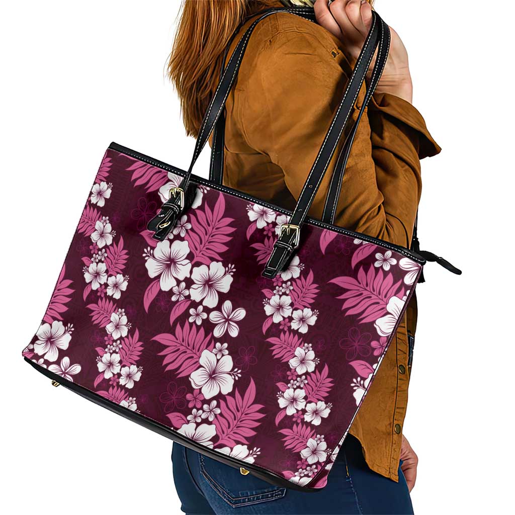 Hawaiian Hibiscus Tribal Floral Pink Leather Tote Bag Polynesian Tapa Pattern - Polynesian Pride