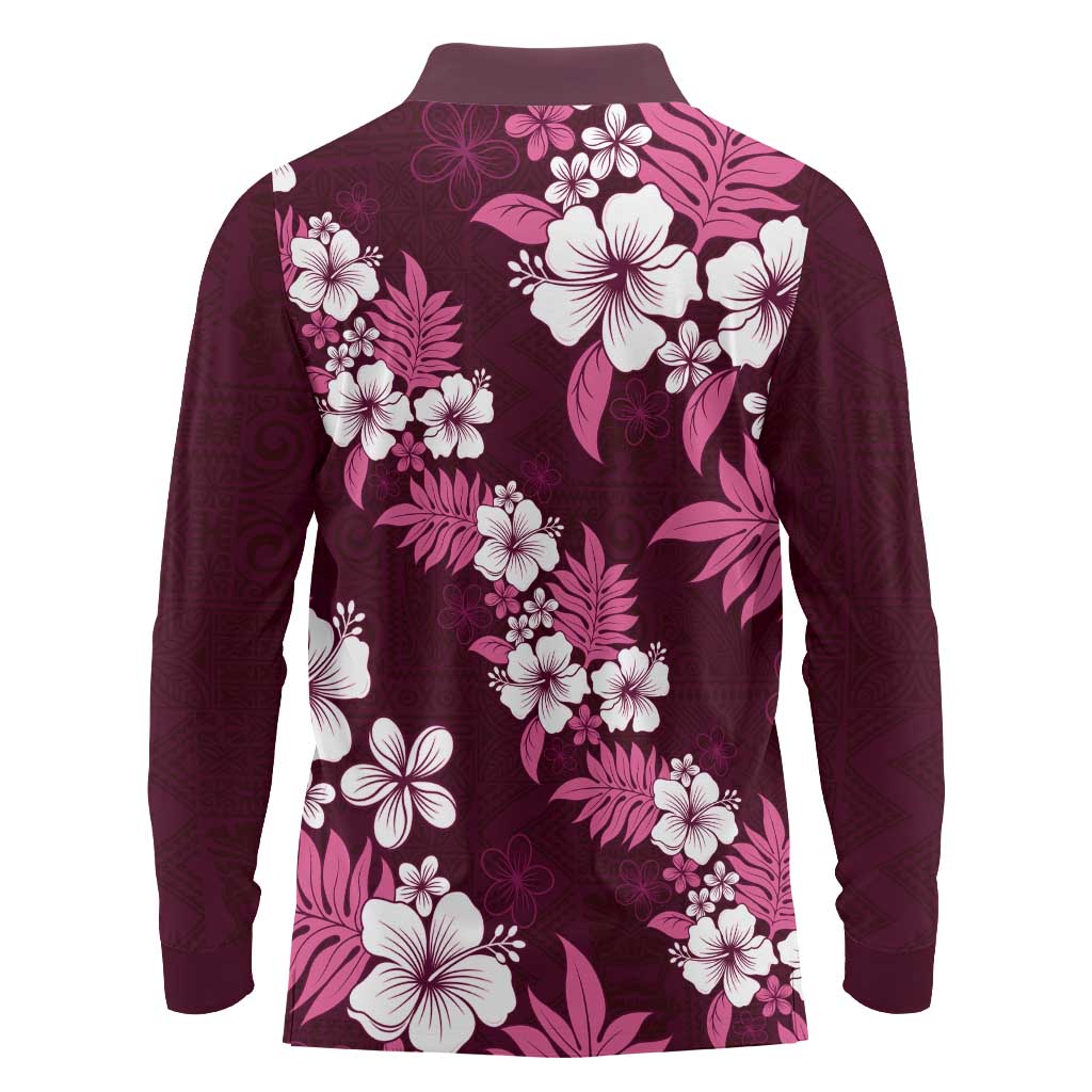 Hawaiian Hibiscus Tribal Floral Pink Long Sleeve Polo Shirt Polynesian Tapa Pattern LT01 - Polynesian Pride