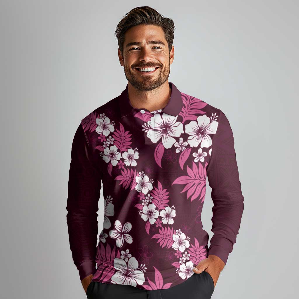 Hawaiian Hibiscus Tribal Floral Pink Long Sleeve Polo Shirt Polynesian Tapa Pattern LT01 - Polynesian Pride