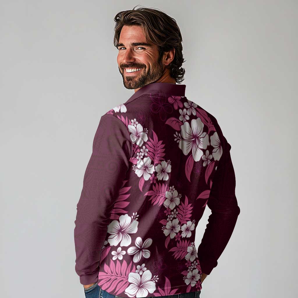 Hawaiian Hibiscus Tribal Floral Pink Long Sleeve Polo Shirt Polynesian Tapa Pattern LT01 - Polynesian Pride