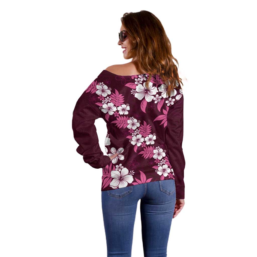 Hawaiian Hibiscus Tribal Floral Pink Off Shoulder Sweater Polynesian Tapa Pattern - Polynesian Pride