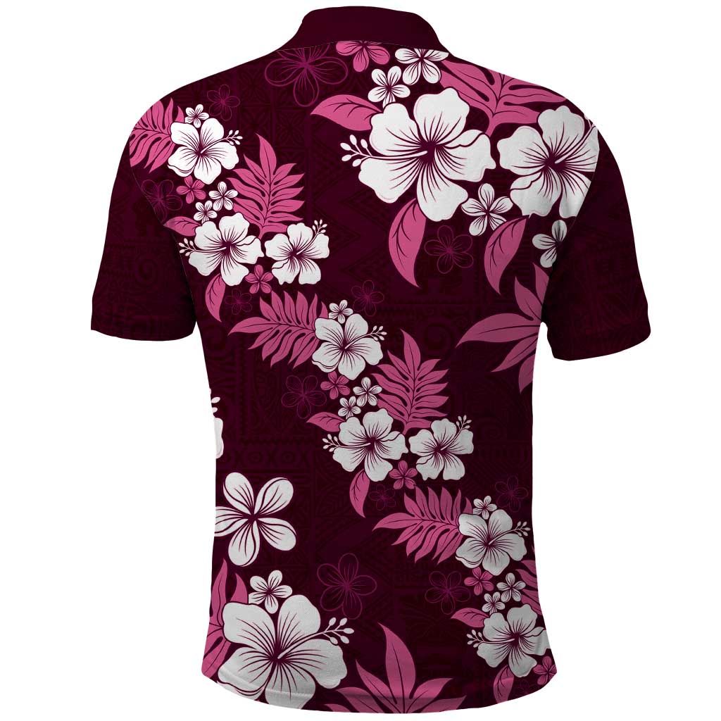 Hawaiian Hibiscus Tribal Floral Pink Polo Shirt Polynesian Tapa Pattern - Polynesian Pride