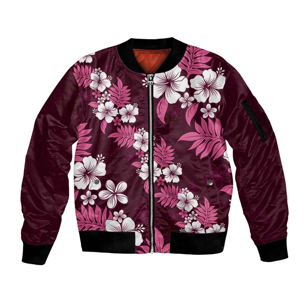 Hawaiian Hibiscus Tribal Floral Pink Sleeve Zip Bomber Jacket Polynesian Tapa Pattern - Polynesian Pride