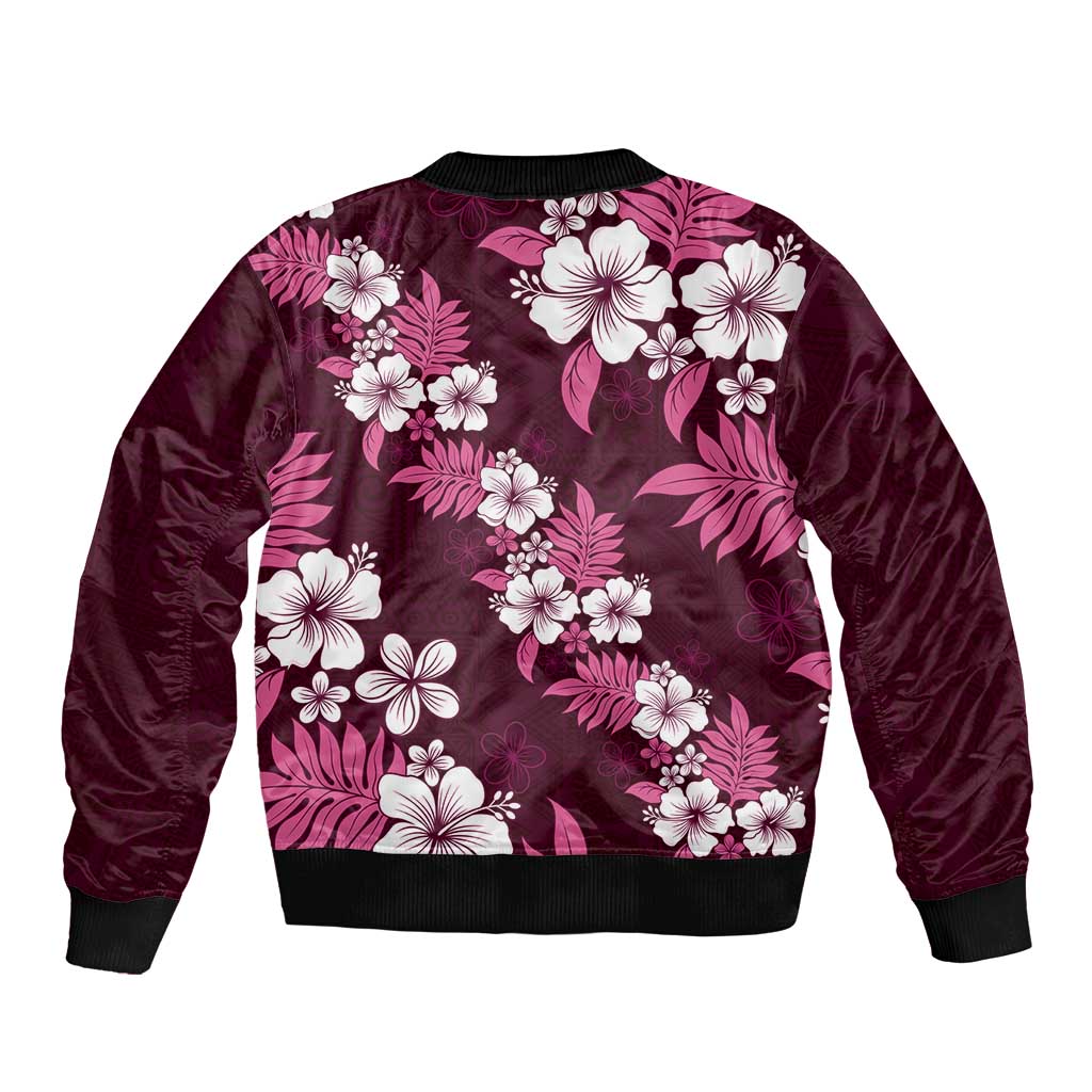 Hawaiian Hibiscus Tribal Floral Pink Sleeve Zip Bomber Jacket Polynesian Tapa Pattern - Polynesian Pride