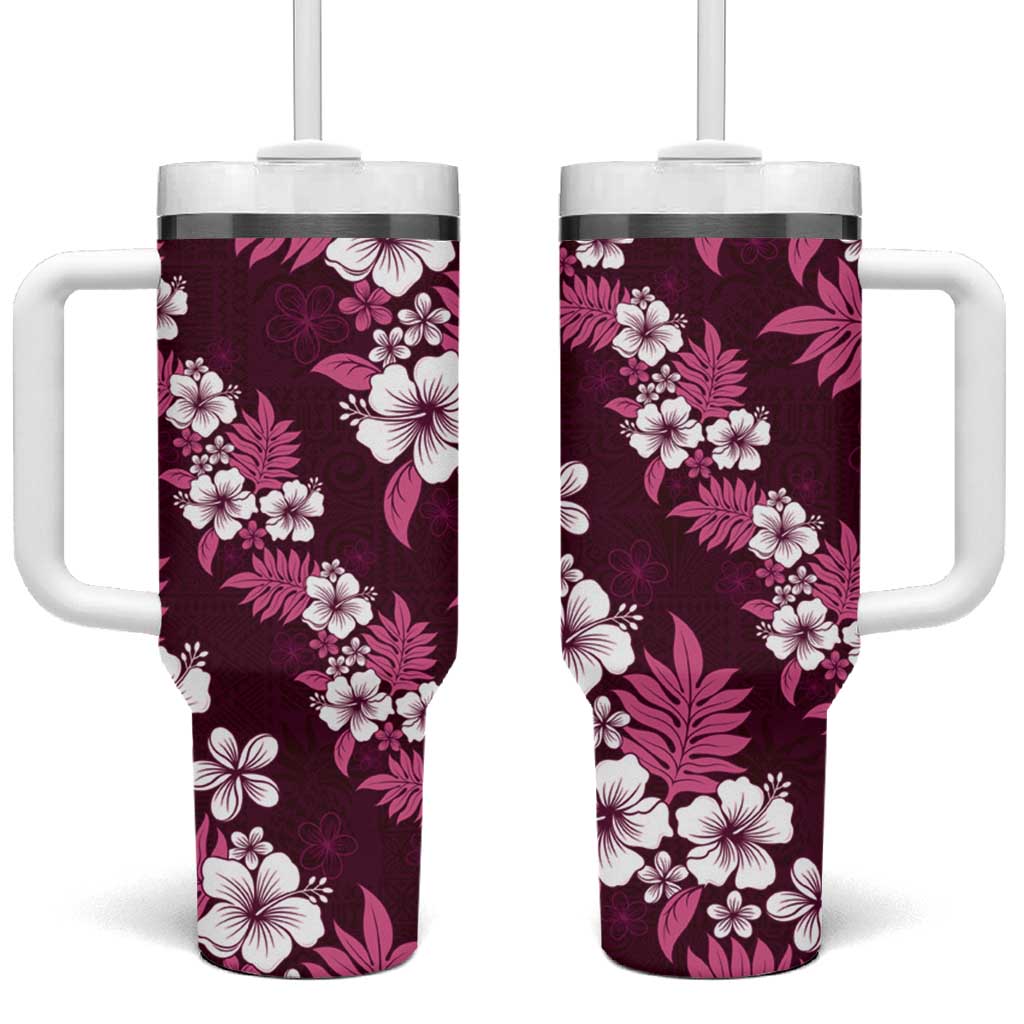 Hawaiian Hibiscus Tribal Floral Pink Tumbler With Handle Polynesian Tapa Pattern - Polynesian Pride