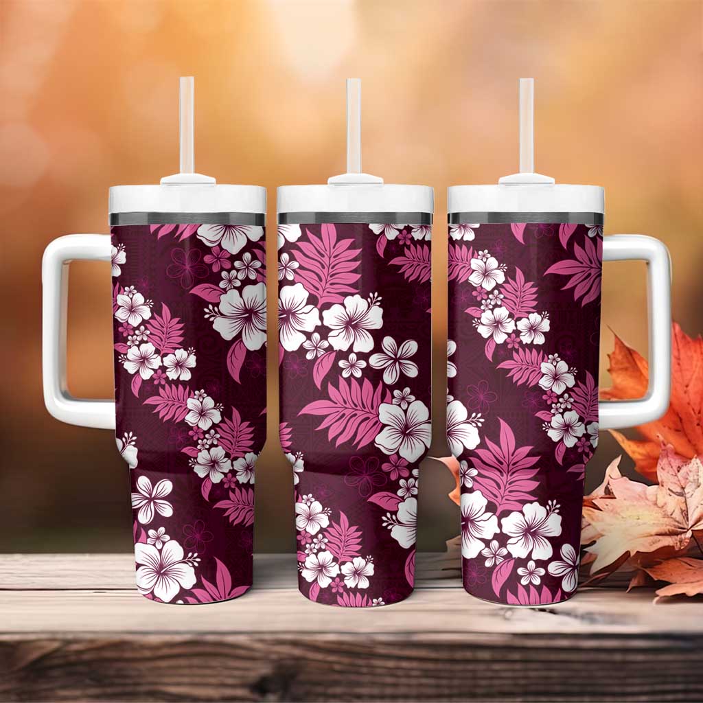 Hawaiian Hibiscus Tribal Floral Pink Tumbler With Handle Polynesian Tapa Pattern - Polynesian Pride