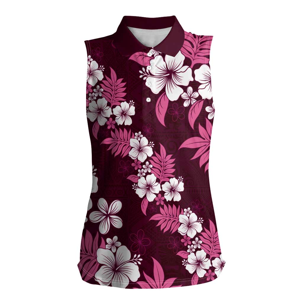 Hawaiian Hibiscus Tribal Floral Pink Women Sleeveless Polo Shirt Polynesian Tapa Pattern LT01 Female Pink - Polynesian Pride