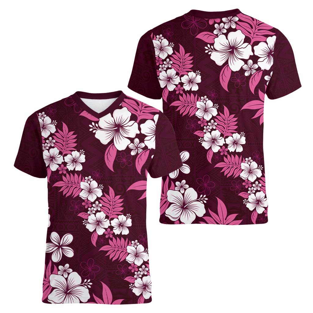 Hawaiian Hibiscus Tribal Floral Pink Women V-Neck T-Shirt Polynesian Tapa Pattern - Polynesian Pride