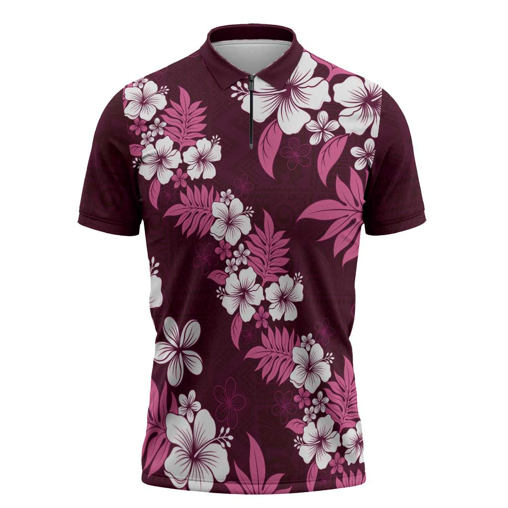 Hawaiian Hibiscus Tribal Floral Pink Zipper Polo Shirt Polynesian Tapa Pattern - Polynesian Pride