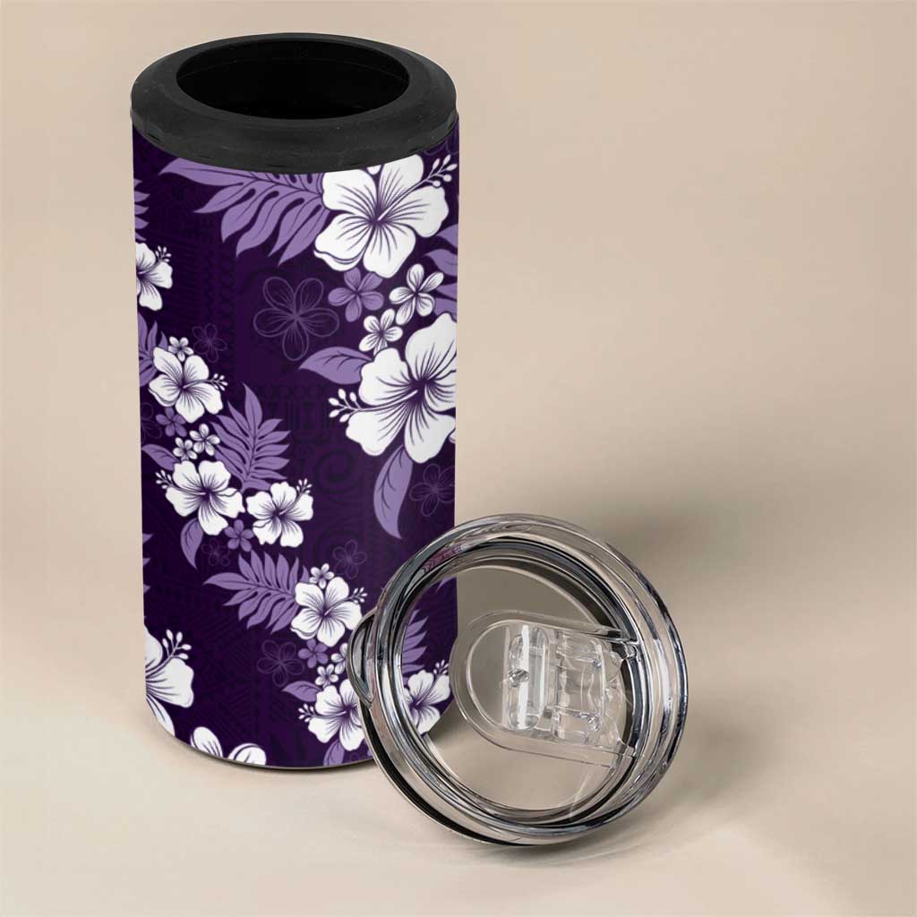 Hawaiian Hibiscus Tribal Floral Purple 4 in 1 Can Cooler Tumbler Polynesian Tapa Pattern - Polynesian Pride