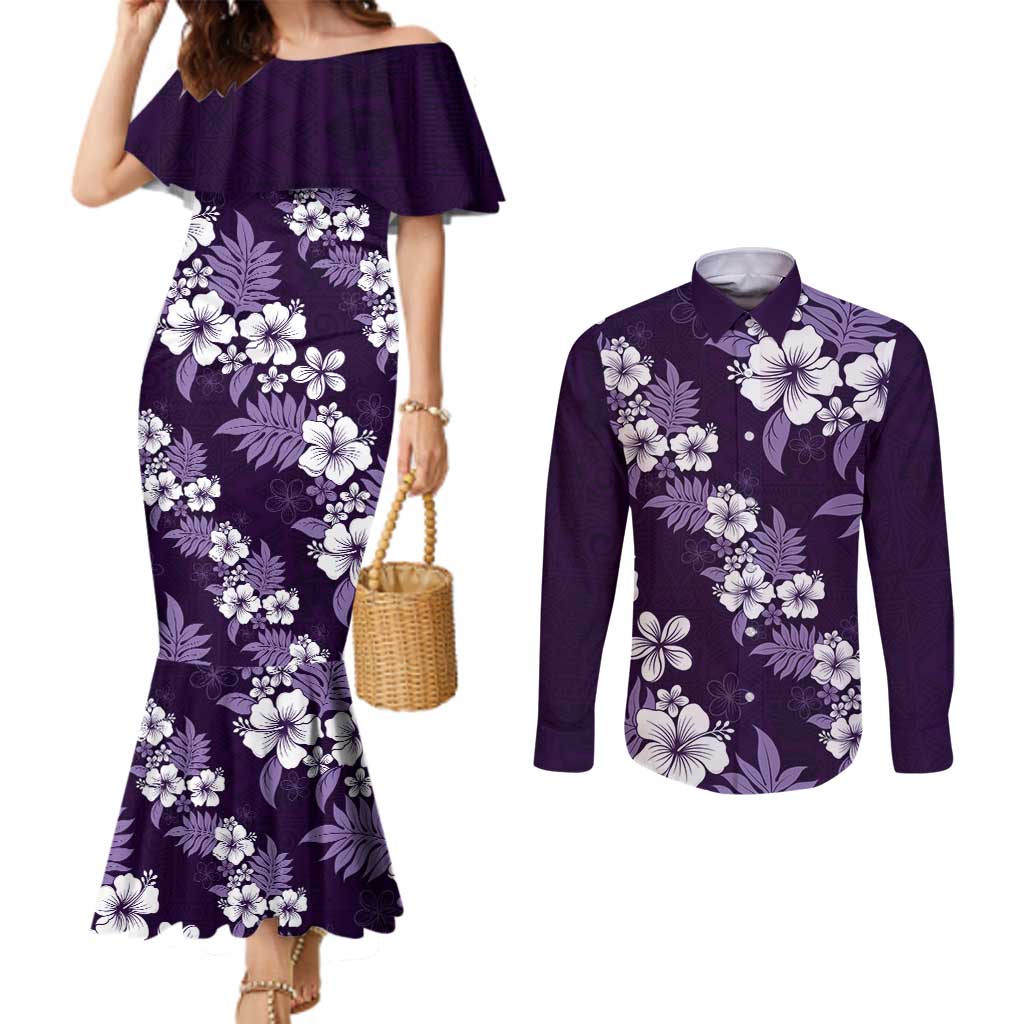 Hawaiian Hibiscus Tribal Floral Purple Couples Matching Mermaid Dress and Long Sleeve Button Shirt Polynesian Tapa Pattern - Polynesian Pride