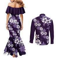 Hawaiian Hibiscus Tribal Floral Purple Couples Matching Mermaid Dress and Long Sleeve Button Shirt Polynesian Tapa Pattern - Polynesian Pride
