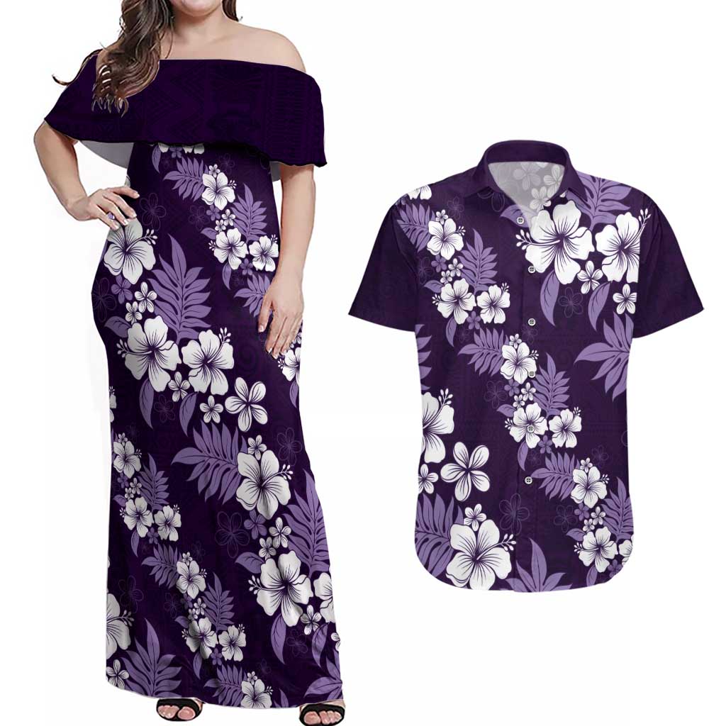 Hawaiian Hibiscus Tribal Floral Purple Couples Matching Off Shoulder Maxi Dress and Hawaiian Shirt Polynesian Tapa Pattern - Polynesian Pride