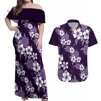 Hawaiian Hibiscus Tribal Floral Purple Couples Matching Off Shoulder Maxi Dress and Hawaiian Shirt Polynesian Tapa Pattern - Polynesian Pride