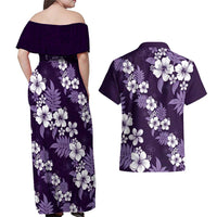 Hawaiian Hibiscus Tribal Floral Purple Couples Matching Off Shoulder Maxi Dress and Hawaiian Shirt Polynesian Tapa Pattern - Polynesian Pride