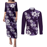 Hawaiian Hibiscus Tribal Floral Purple Couples Matching Puletasi and Long Sleeve Button Shirt Polynesian Tapa Pattern - Polynesian Pride