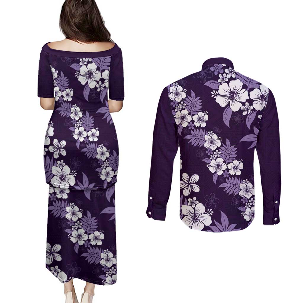 Hawaiian Hibiscus Tribal Floral Purple Couples Matching Puletasi and Long Sleeve Button Shirt Polynesian Tapa Pattern - Polynesian Pride